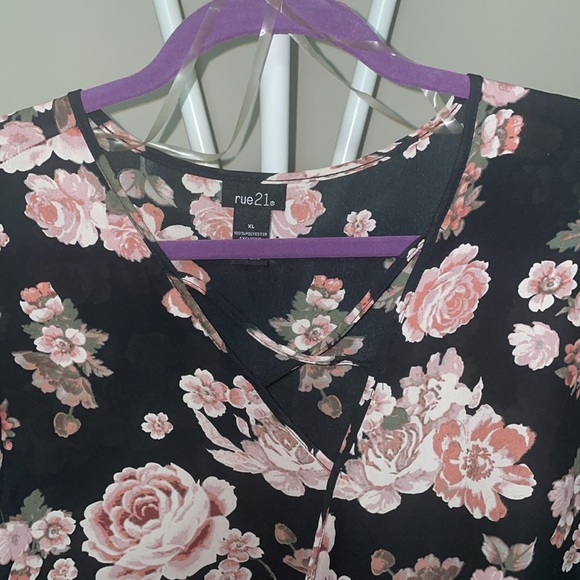 Pink, green, black floral pattern shirt. Long sleeve, lightweight - Picture 2 of 3